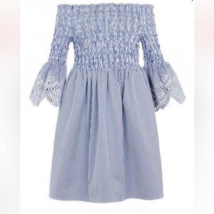 Ted Baker Noaah Smocked Eyelet off the Shoulder Blue and White Pinstripe Dress